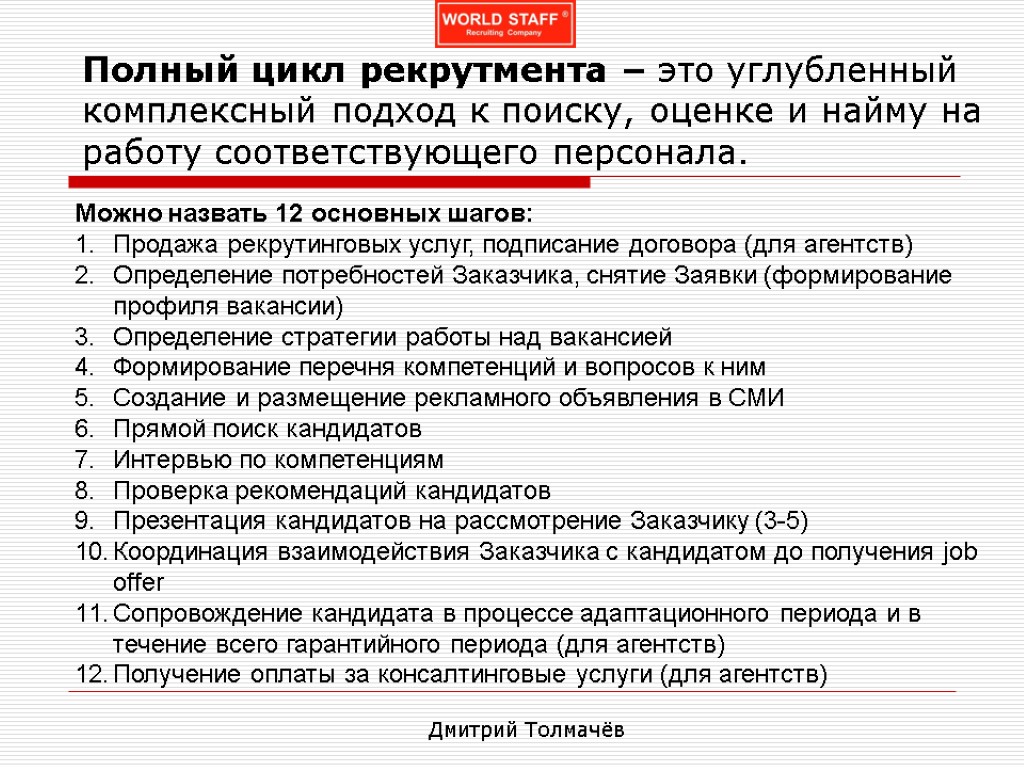 Полный цикл рекрутмента – это углубленный комплексный подход к поиску, оценке и найму на